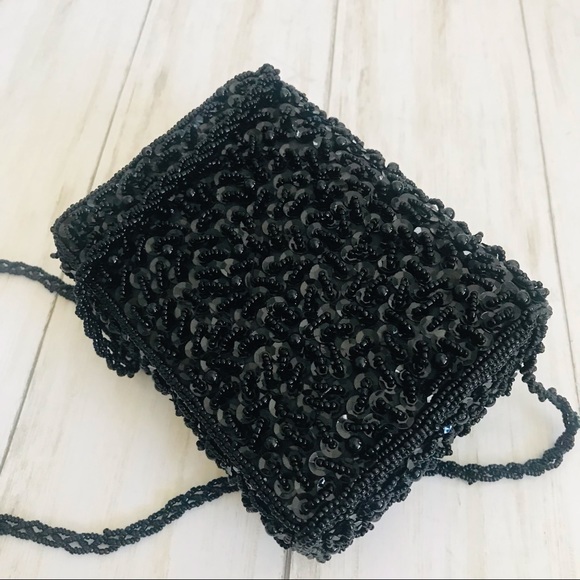 Black Sequined & Beaded Handbag with Long Beaded Strap - Picture 9 of 11